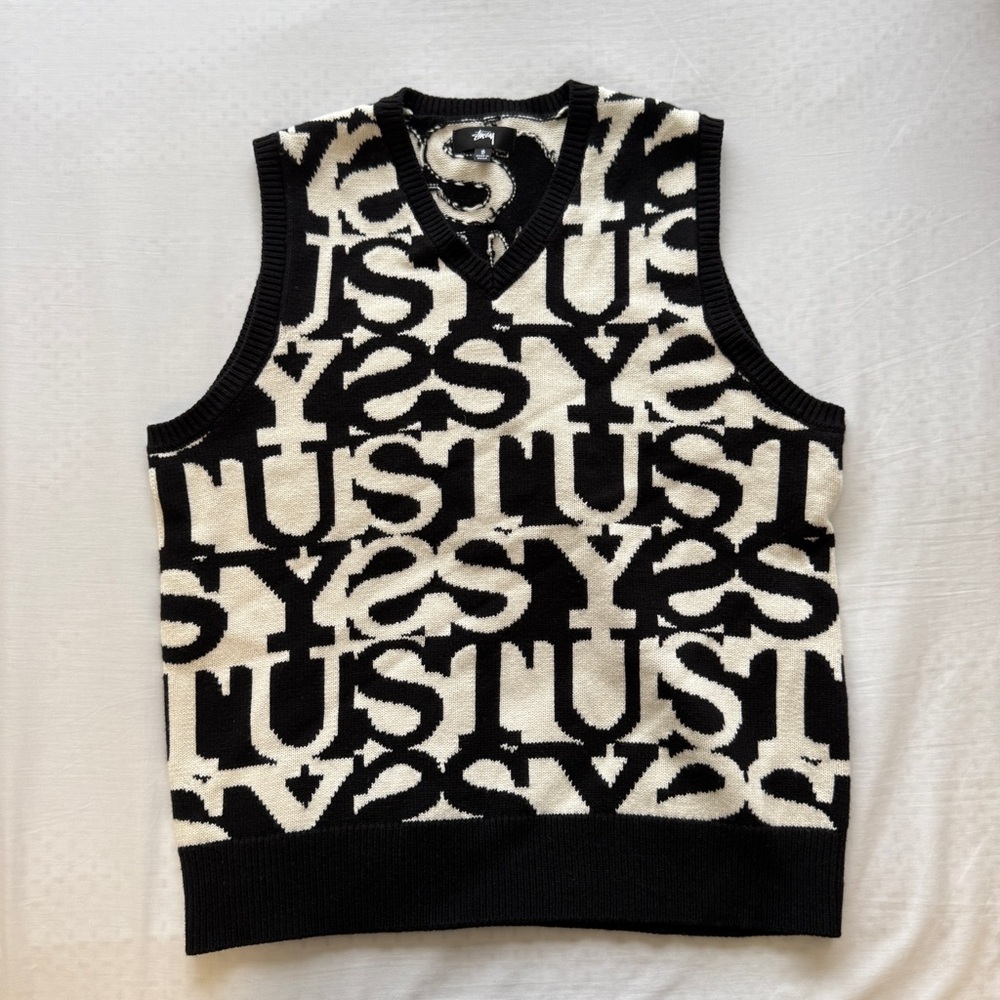 Stussy Black and White V-Neck Sweater Vest